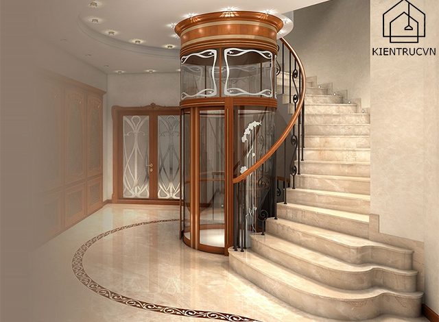 Mẫu thiết kế nhà phố có thang máy ở giữa thang bộ