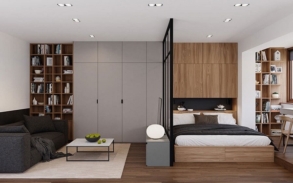 Giải pháp phòng ngủ kết hợp phòng khách sẽ giúp không gian gọn gàng, ngăn nắp nhưng vẫn tiện nghi 
