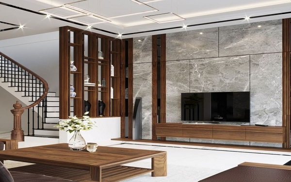 Vách ngăn gỗ kết hợp cùng nội thất gỗ hiện đại tạo không gian sang trọng, ấm cúng